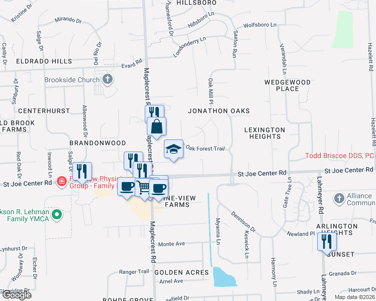 map of restaurants, bars, coffee shops, grocery stores, and more near 6517 Saint Joe Center Road in Fort Wayne