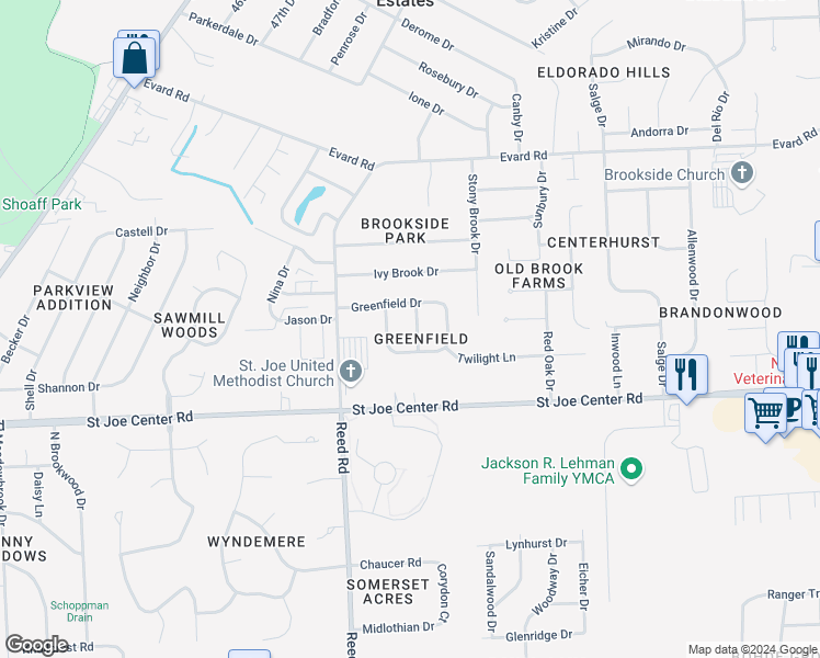 map of restaurants, bars, coffee shops, grocery stores, and more near 4950 Twilight Lane in Fort Wayne