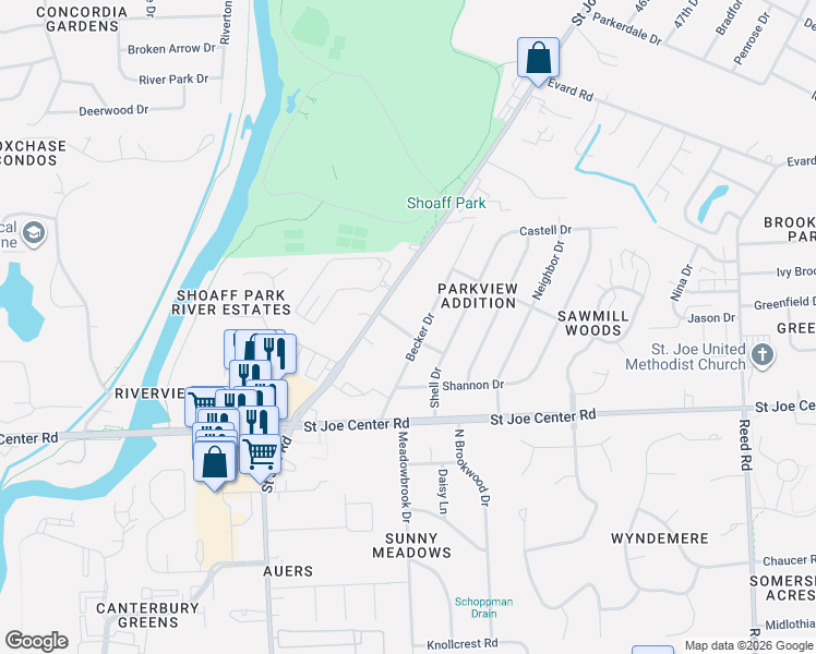 map of restaurants, bars, coffee shops, grocery stores, and more near 6009-6099 Becker St in Fort Wayne