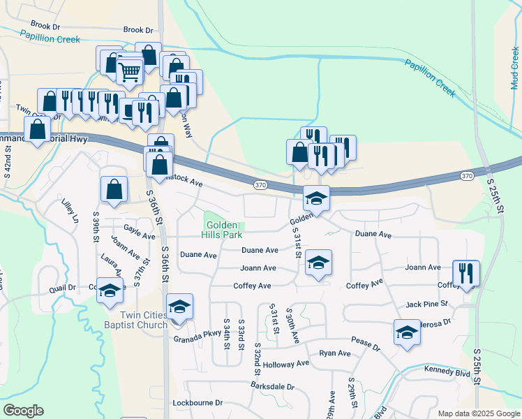 map of restaurants, bars, coffee shops, grocery stores, and more near 3216 Golden Boulevard in Bellevue