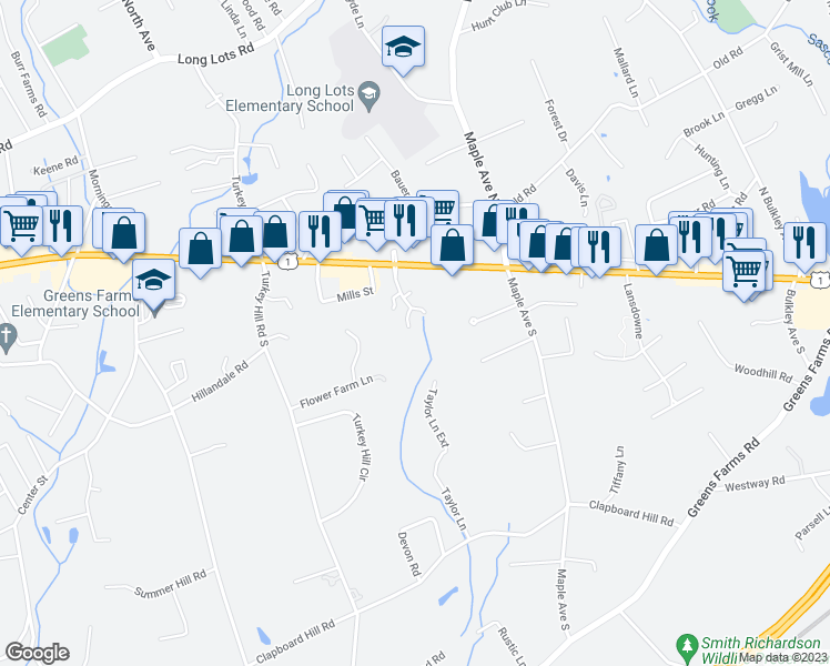 map of restaurants, bars, coffee shops, grocery stores, and more near 99 Flower Farm Lane in Westport