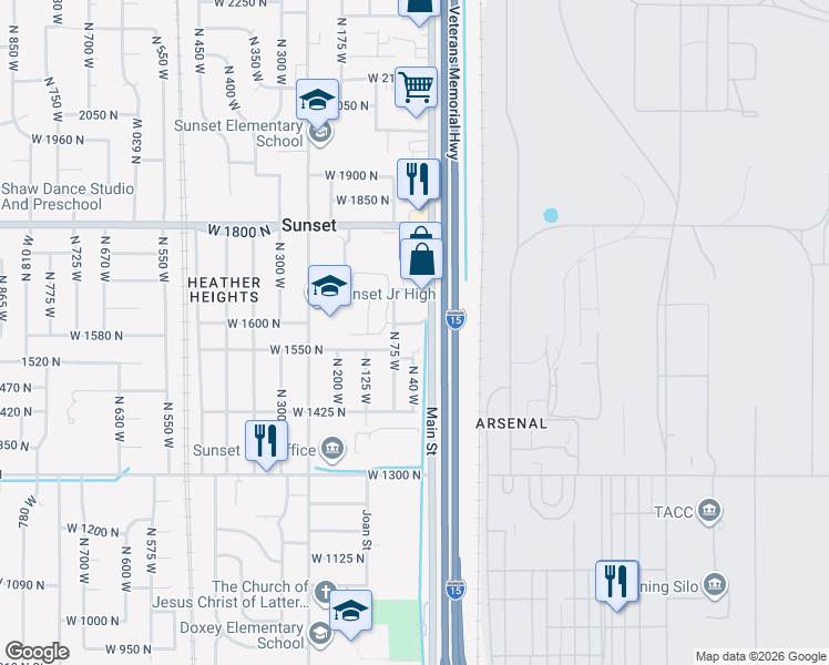 map of restaurants, bars, coffee shops, grocery stores, and more near 31 West 1600 North in Sunset