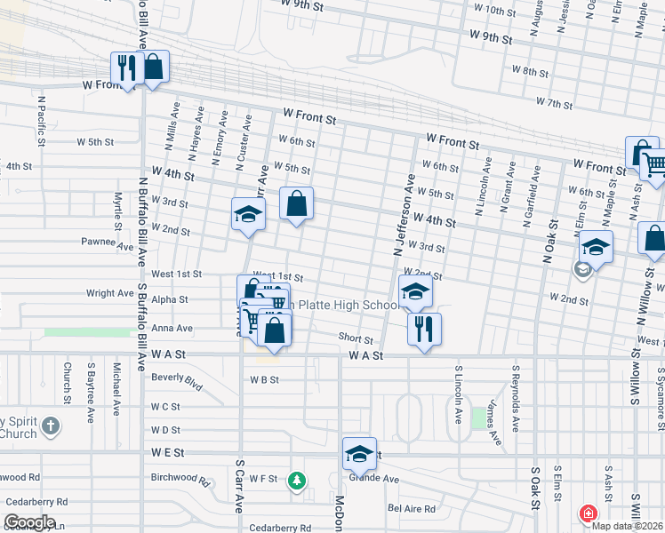 map of restaurants, bars, coffee shops, grocery stores, and more near 1609 West 2nd Street in North Platte