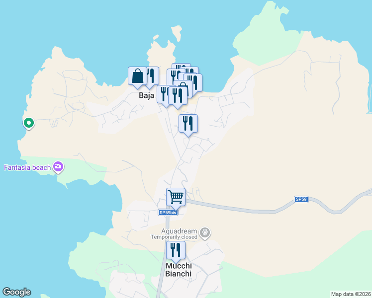 map of restaurants, bars, coffee shops, grocery stores, and more near 101 Strada dei Pini in Baja Sardinia