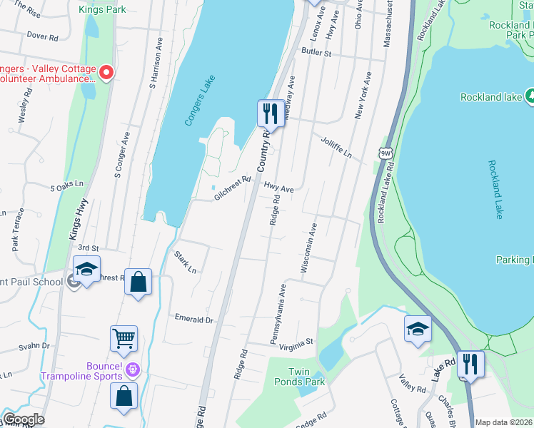 map of restaurants, bars, coffee shops, grocery stores, and more near 46 Ridge Road in Congers