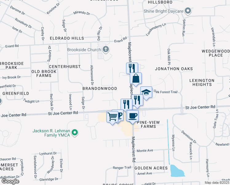 map of restaurants, bars, coffee shops, grocery stores, and more near 6124 Brandonwood Ln in Fort Wayne