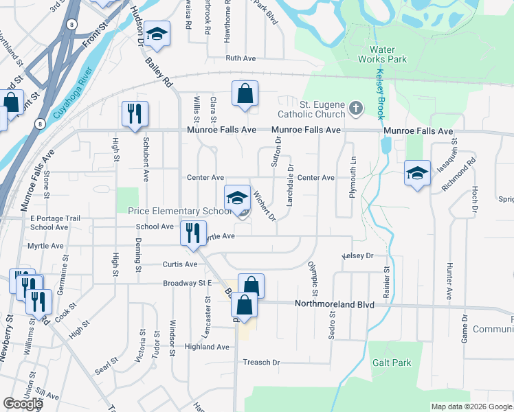 map of restaurants, bars, coffee shops, grocery stores, and more near 2210 Sutton Drive in Cuyahoga Falls
