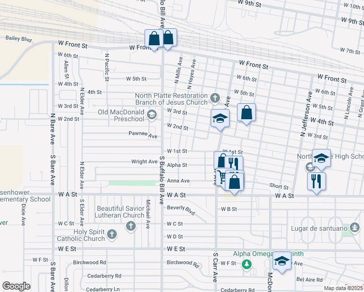 map of restaurants, bars, coffee shops, grocery stores, and more near 2214 West 2nd Street in North Platte