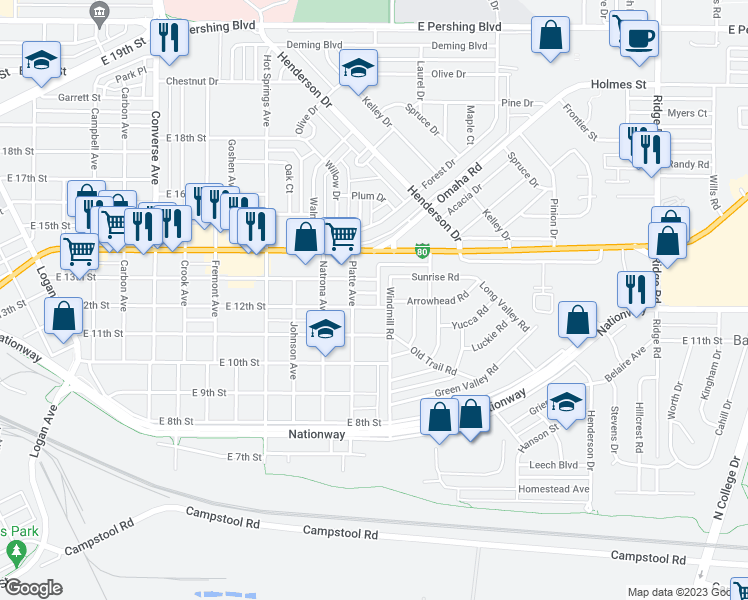 map of restaurants, bars, coffee shops, grocery stores, and more near 2913 East 13th Street in Cheyenne