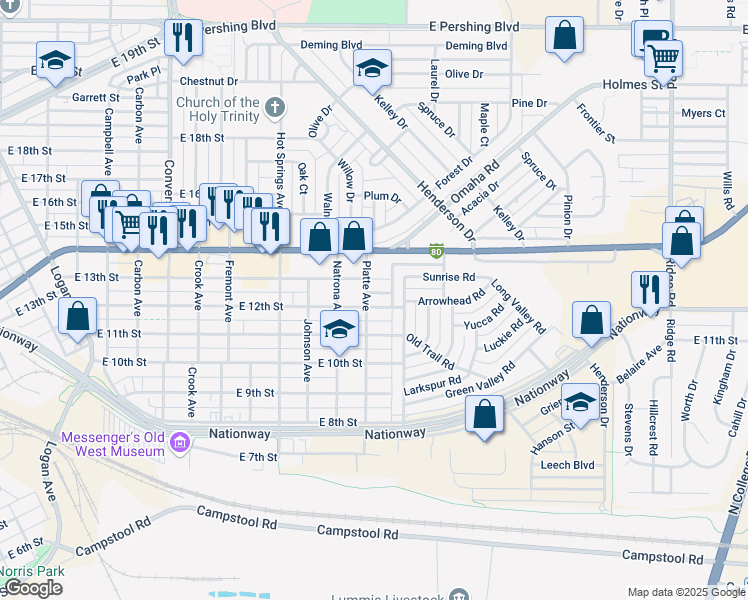 map of restaurants, bars, coffee shops, grocery stores, and more near 2913 East 13th Street in Cheyenne