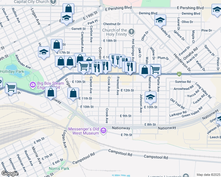 map of restaurants, bars, coffee shops, grocery stores, and more near 2405 East 13th Street in Cheyenne