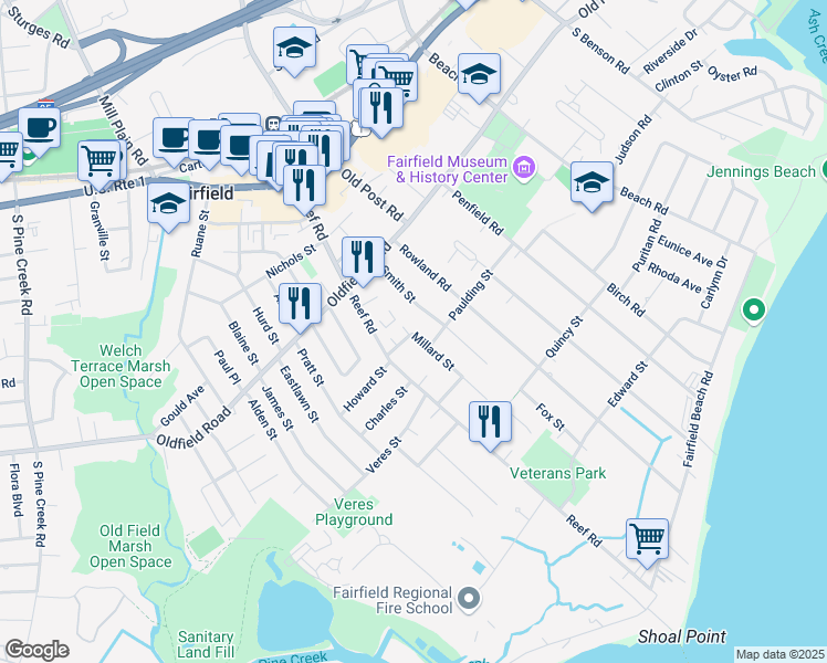 map of restaurants, bars, coffee shops, grocery stores, and more near 157 Smith Street in Fairfield