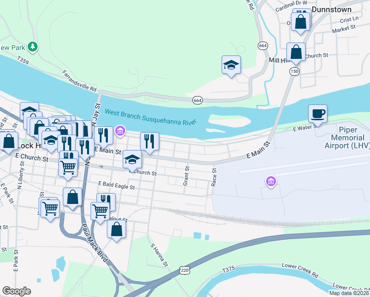 map of restaurants, bars, coffee shops, grocery stores, and more near 636 East Water Street in Lock Haven