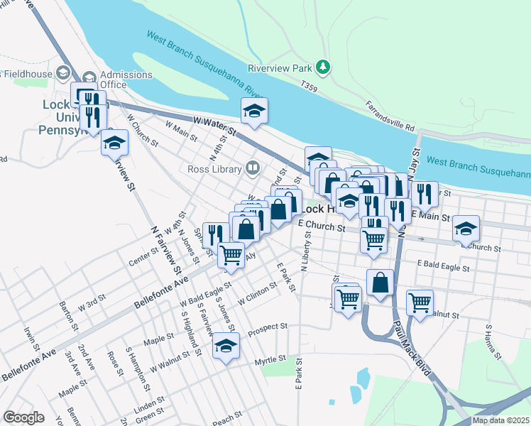 map of restaurants, bars, coffee shops, grocery stores, and more near 205 West Church Street in Lock Haven