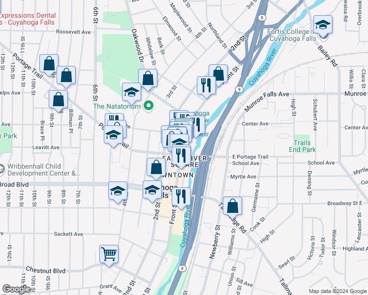 map of restaurants, bars, coffee shops, grocery stores, and more near 2250 Front Street in Cuyahoga Falls