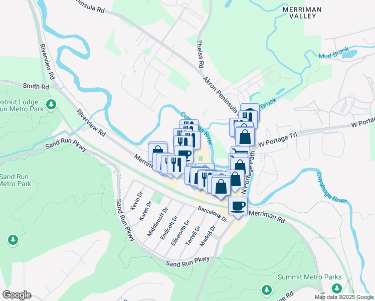 map of restaurants, bars, coffee shops, grocery stores, and more near 1321 Weathervane Lane in Akron