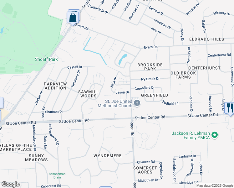 map of restaurants, bars, coffee shops, grocery stores, and more near 4673 Jason Drive in Fort Wayne