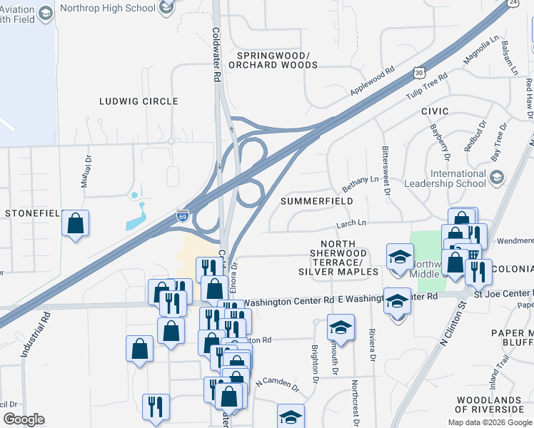 map of restaurants, bars, coffee shops, grocery stores, and more near Coldwater Road in Fort Wayne