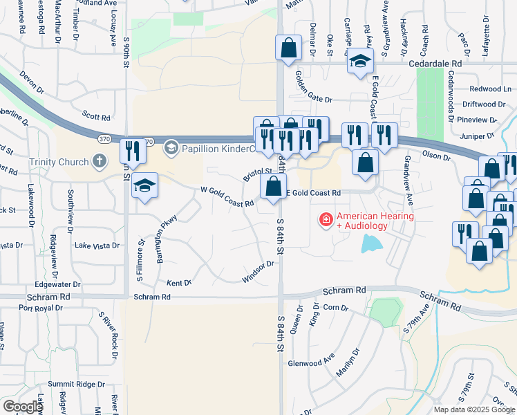 map of restaurants, bars, coffee shops, grocery stores, and more near 107 West Gold Coast Road in Papillion