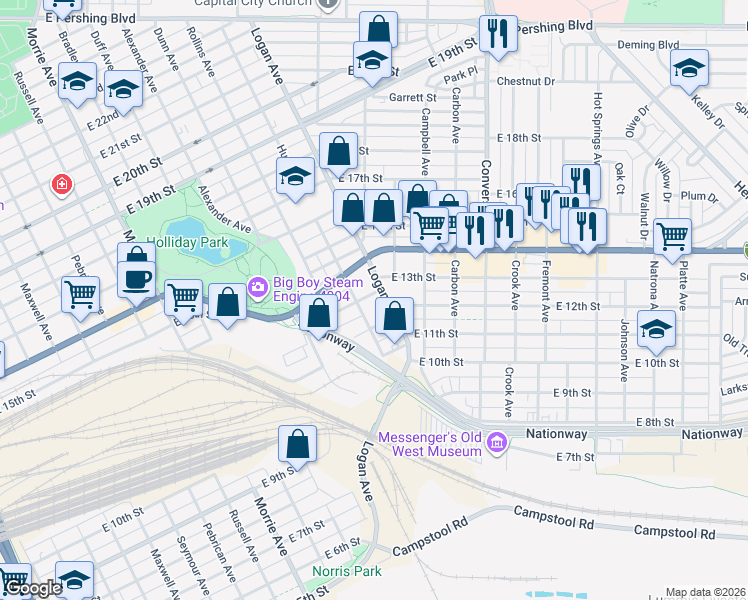 map of restaurants, bars, coffee shops, grocery stores, and more near 1615 East 13th Street in Cheyenne