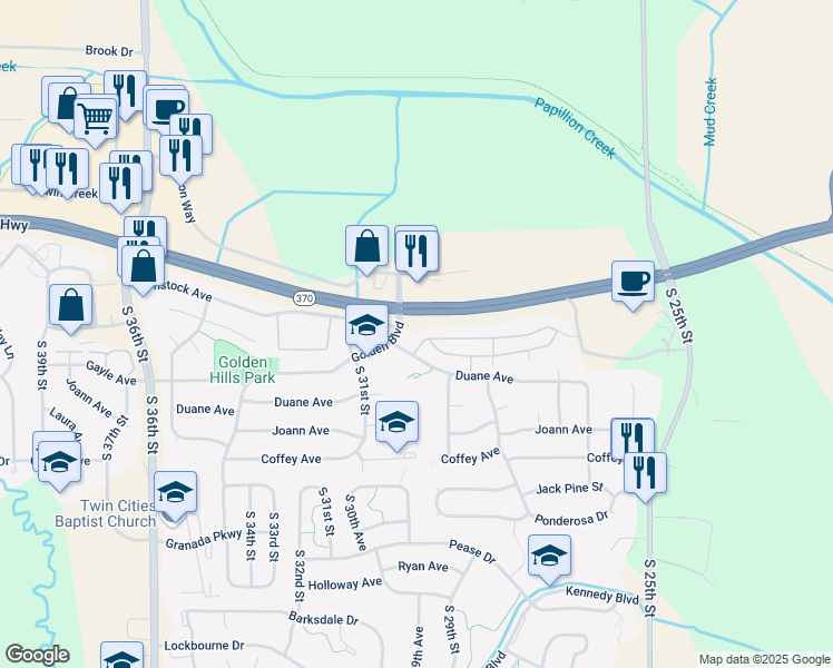 map of restaurants, bars, coffee shops, grocery stores, and more near 2882 Comstock Plaza in Bellevue