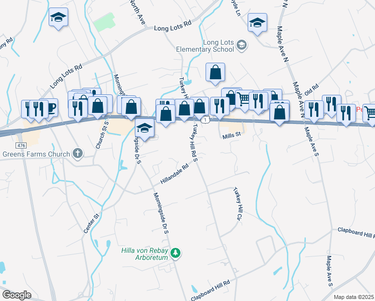 map of restaurants, bars, coffee shops, grocery stores, and more near 10 Turkey Hill Road South in Westport