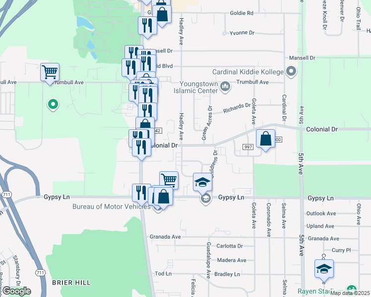 map of restaurants, bars, coffee shops, grocery stores, and more near 214 Colonial Drive in Youngstown