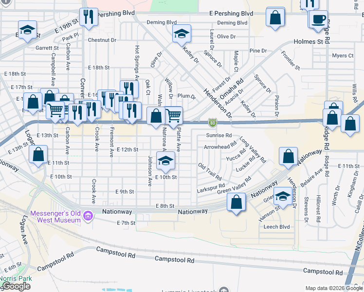 map of restaurants, bars, coffee shops, grocery stores, and more near 2900 East 12th Street in Cheyenne