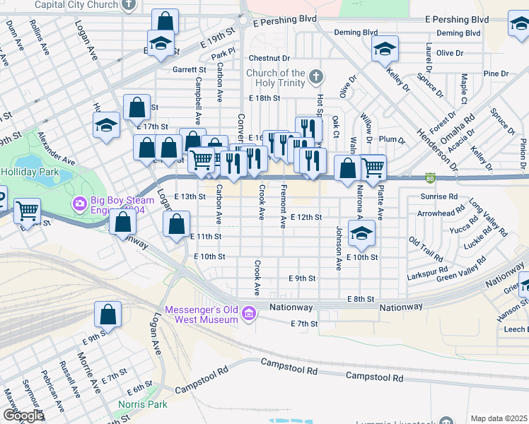 map of restaurants, bars, coffee shops, grocery stores, and more near 2405 East 13th Street in Cheyenne