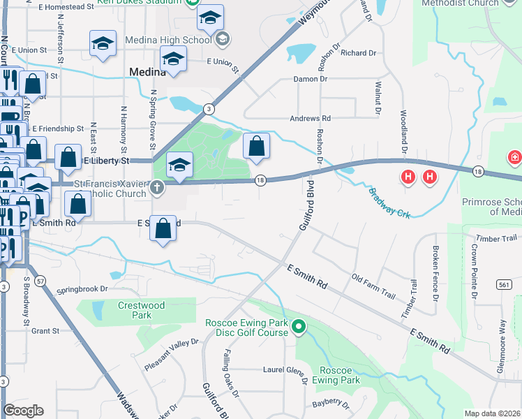 map of restaurants, bars, coffee shops, grocery stores, and more near 806 East Washington Street in Medina
