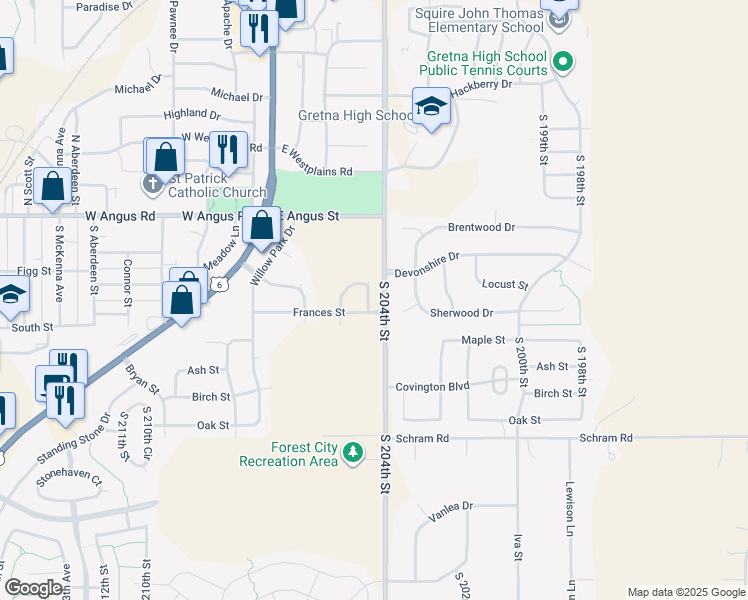 map of restaurants, bars, coffee shops, grocery stores, and more near 11575 South 204th Street in Gretna