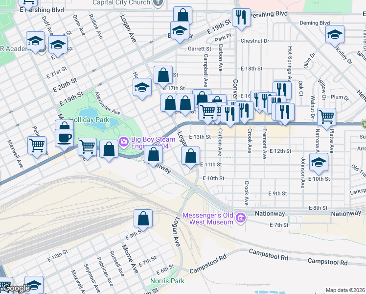 map of restaurants, bars, coffee shops, grocery stores, and more near 1223 Logan Avenue in Cheyenne
