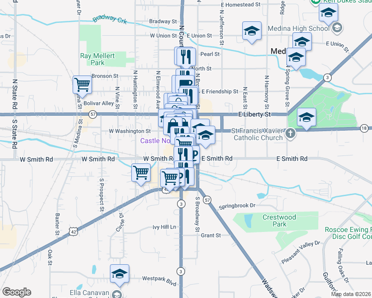 map of restaurants, bars, coffee shops, grocery stores, and more near 260 South Court Street in Medina