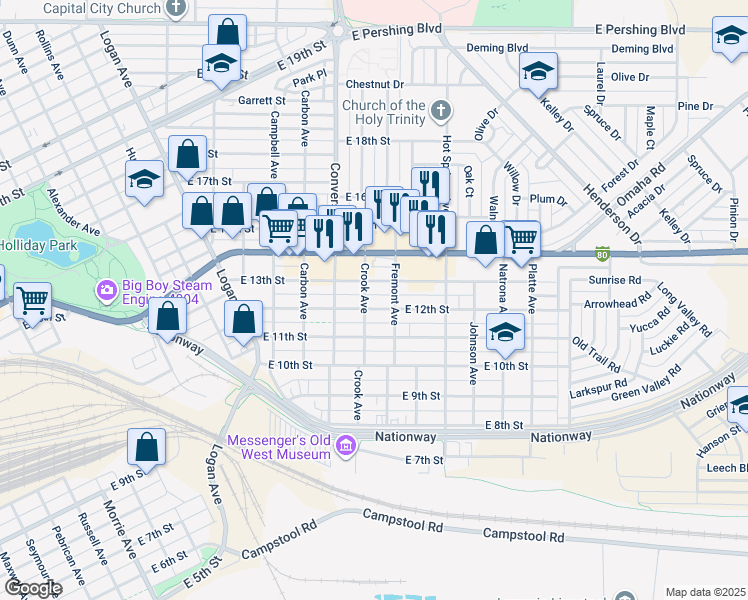 map of restaurants, bars, coffee shops, grocery stores, and more near 2405 East 13th Street in Cheyenne