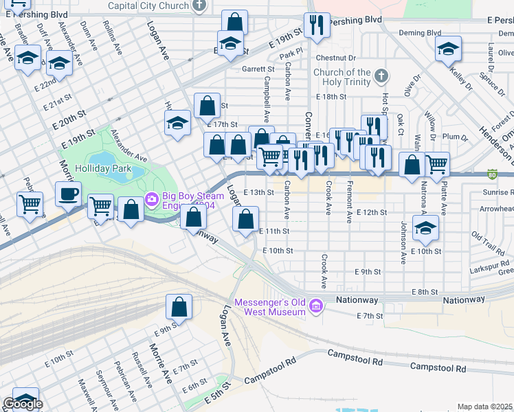 map of restaurants, bars, coffee shops, grocery stores, and more near 2023 East 13th Street in Cheyenne