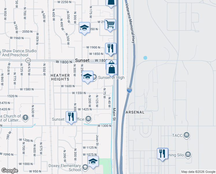 map of restaurants, bars, coffee shops, grocery stores, and more near 1634 North 75 West in Sunset