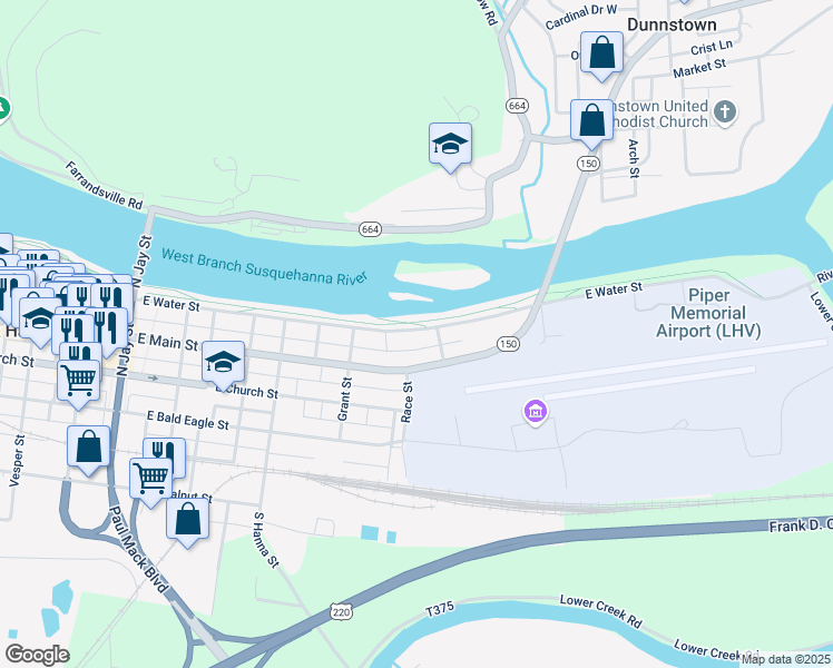 map of restaurants, bars, coffee shops, grocery stores, and more near 806 East Water Street in Lock Haven