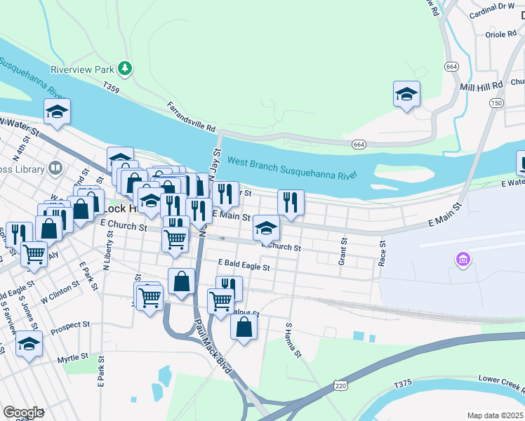 map of restaurants, bars, coffee shops, grocery stores, and more near 402 East Water Street in Lock Haven