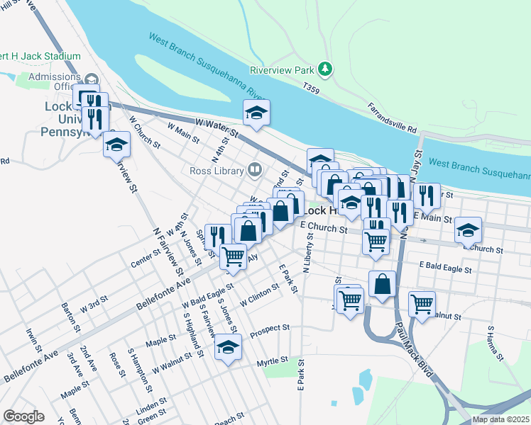 map of restaurants, bars, coffee shops, grocery stores, and more near 205 West Church Street in Lock Haven