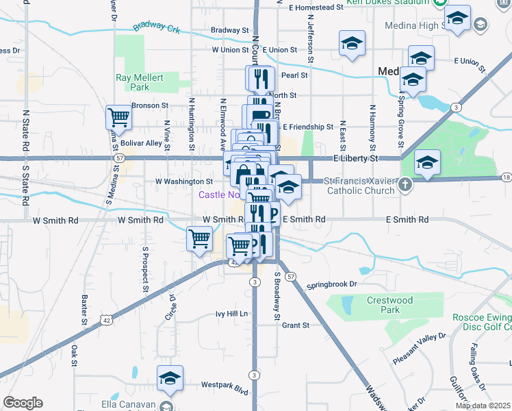 map of restaurants, bars, coffee shops, grocery stores, and more near 236 South Court Street in Medina