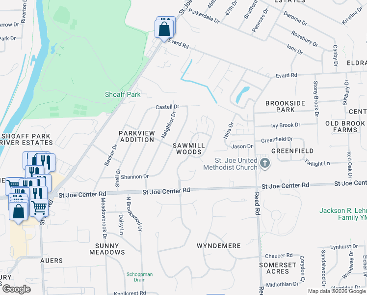 map of restaurants, bars, coffee shops, grocery stores, and more near 6219 Sawmill Woods Drive in Fort Wayne