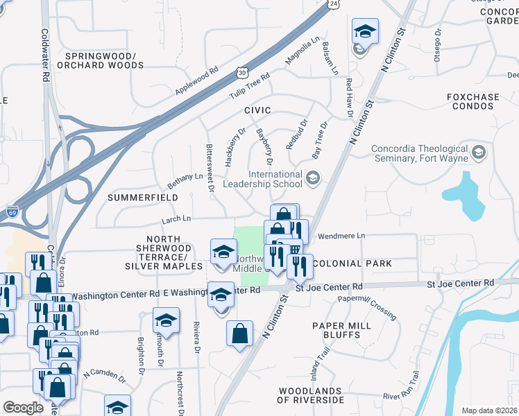 map of restaurants, bars, coffee shops, grocery stores, and more near 6416 Azalea Dr in Fort Wayne