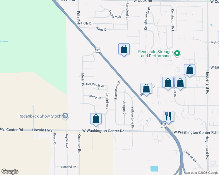 map of restaurants, bars, coffee shops, grocery stores, and more near 5010 Goldfinch Lane in Fort Wayne