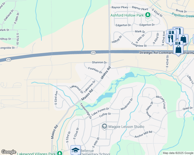 map of restaurants, bars, coffee shops, grocery stores, and more near 4911 Fountain Drive in Papillion