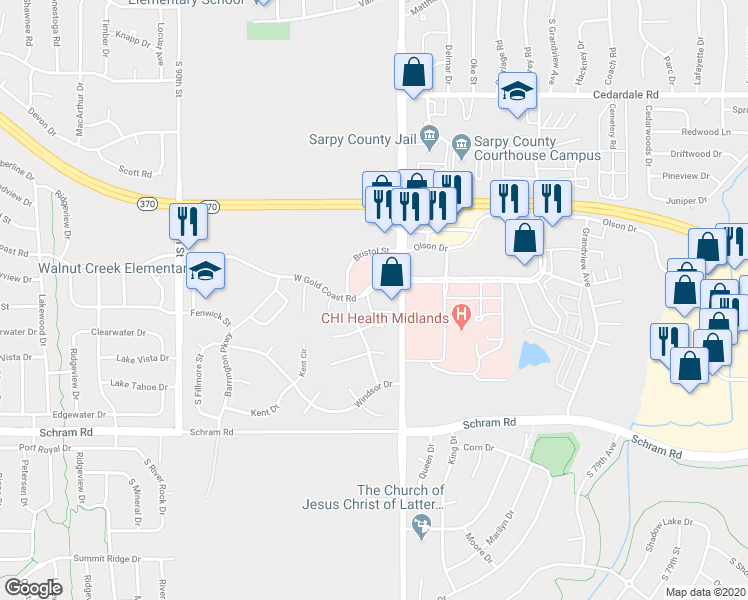 map of restaurants, bars, coffee shops, grocery stores, and more near 1502 South Washington Street in Papillion
