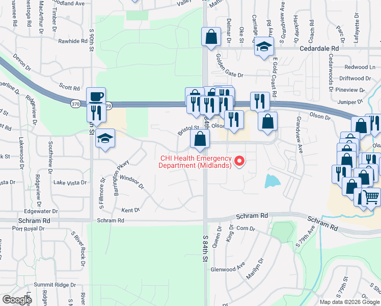 map of restaurants, bars, coffee shops, grocery stores, and more near 105 West Gold Coast Road in Papillion