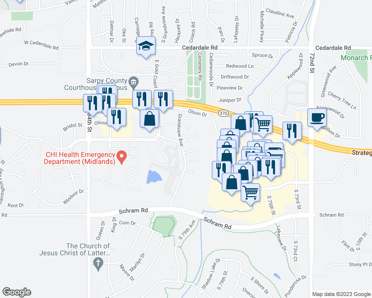 map of restaurants, bars, coffee shops, grocery stores, and more near 1501 Grandview Avenue in Papillion