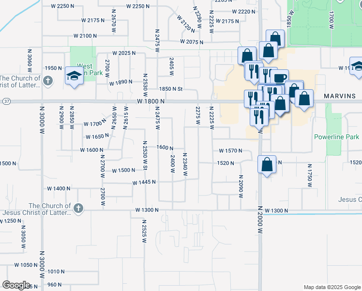 map of restaurants, bars, coffee shops, grocery stores, and more near 1638 North 2340 West in Clinton