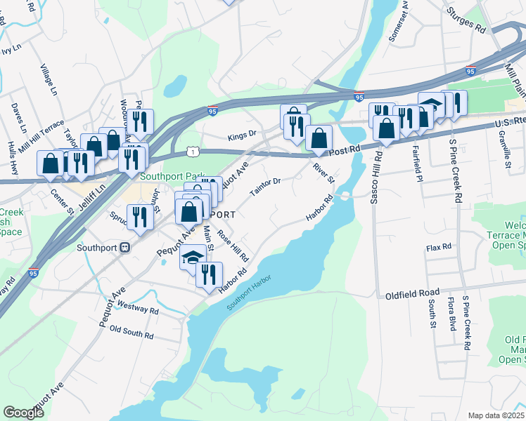 map of restaurants, bars, coffee shops, grocery stores, and more near 181 Taintor Drive in Fairfield