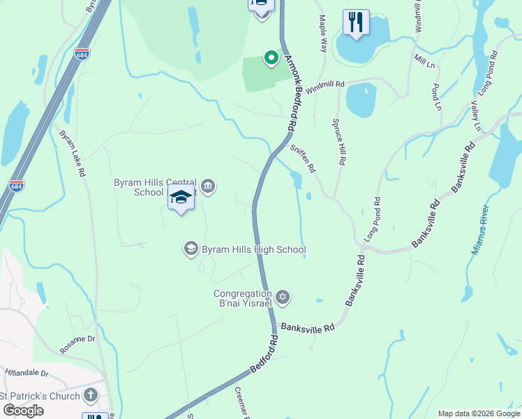 map of restaurants, bars, coffee shops, grocery stores, and more near 513 Bedford Road in Westchester County